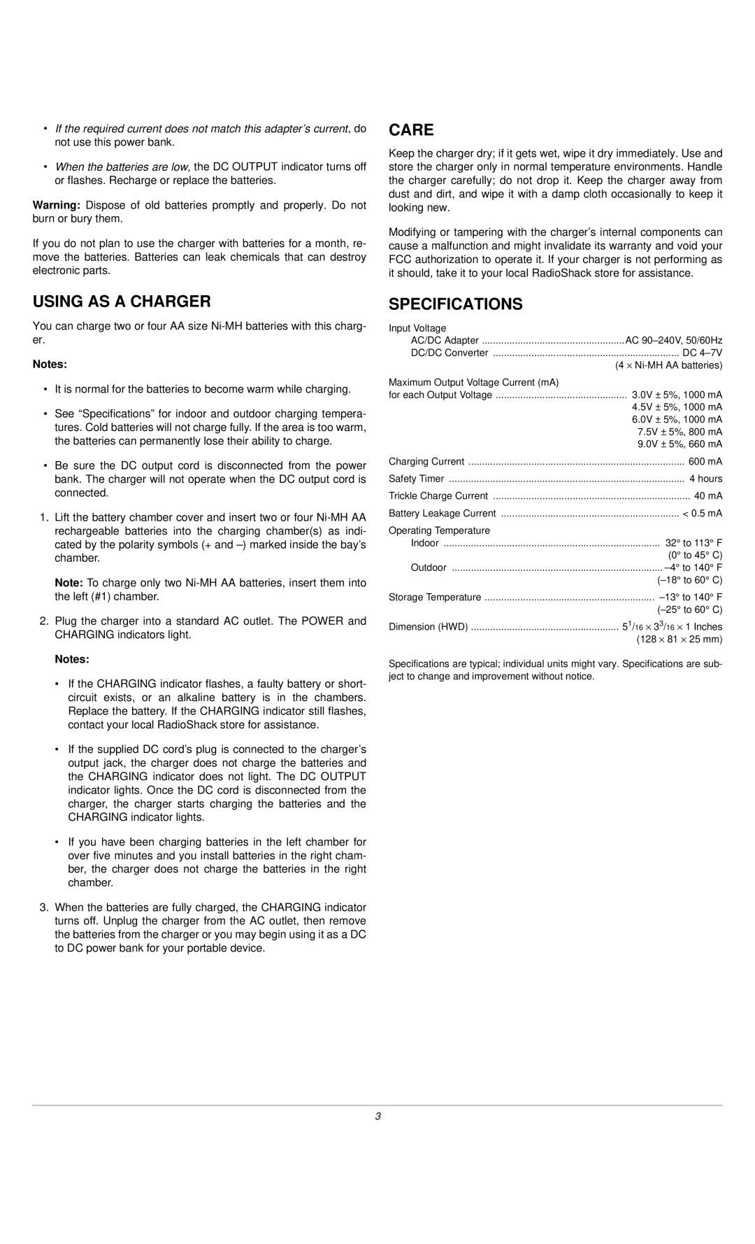 Radio Shack 273-1900, 08A01, 0904-205-01502A important safety instructions Care, Using AS a Charger, Specifications 