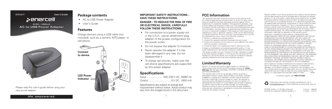 Radio Shack 273-317 specifications Package contents, Features, FCC Information, LimitedWarranty, Speciﬁcations 