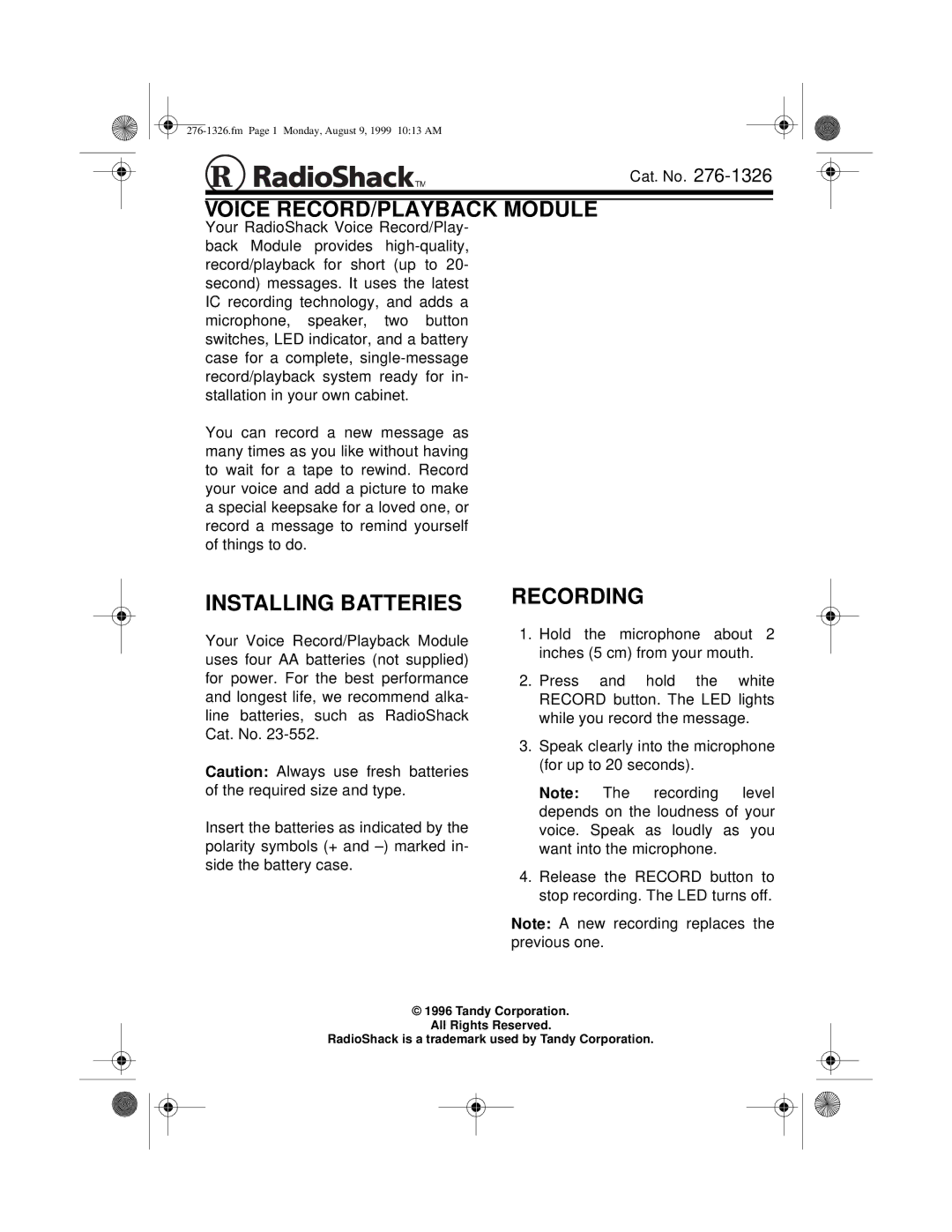 Radio Shack 276-1326 manual Voice RECORD/PLAYBACK Module, Installing Batteries, Recording 