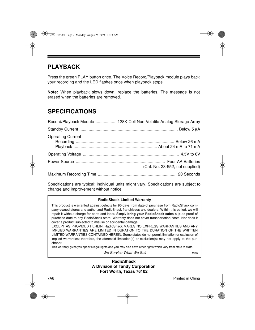 Radio Shack 276-1326 manual Playback, Specifications 