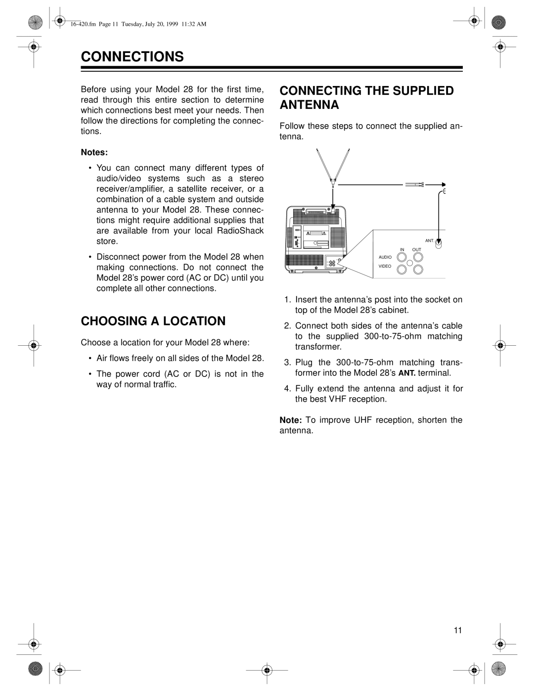 Radio Shack 28 owner manual Connections, Connecting the Supplied Antenna, Choosing a Location 