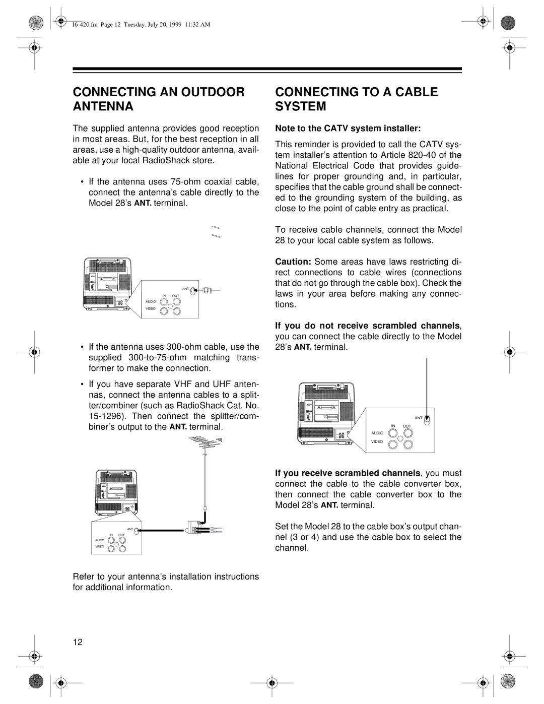 Radio Shack 28 owner manual Connecting AN Outdoor Antenna, Connecting to a Cable System 