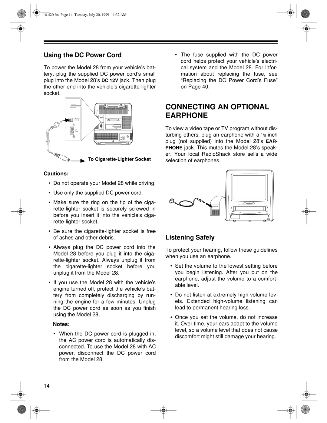 Radio Shack 28 owner manual Connecting AN Optional Earphone, Using the DC Power Cord, Listening Safely 