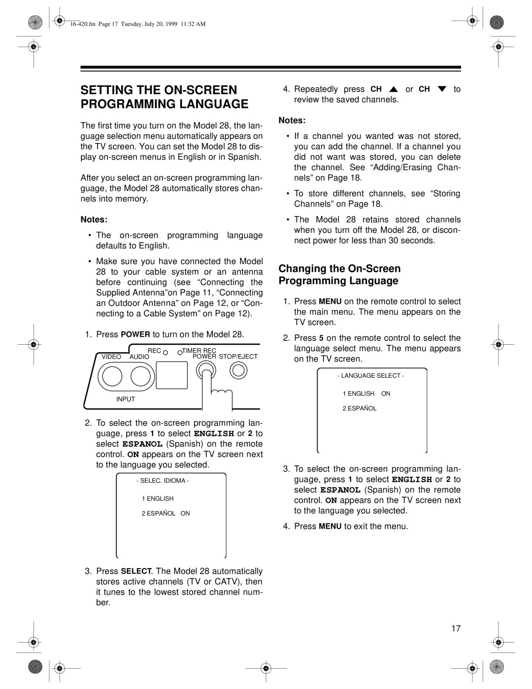 Radio Shack 28 owner manual Setting the ON-SCREEN Programming Language, Changing the On-Screen Programming Language 