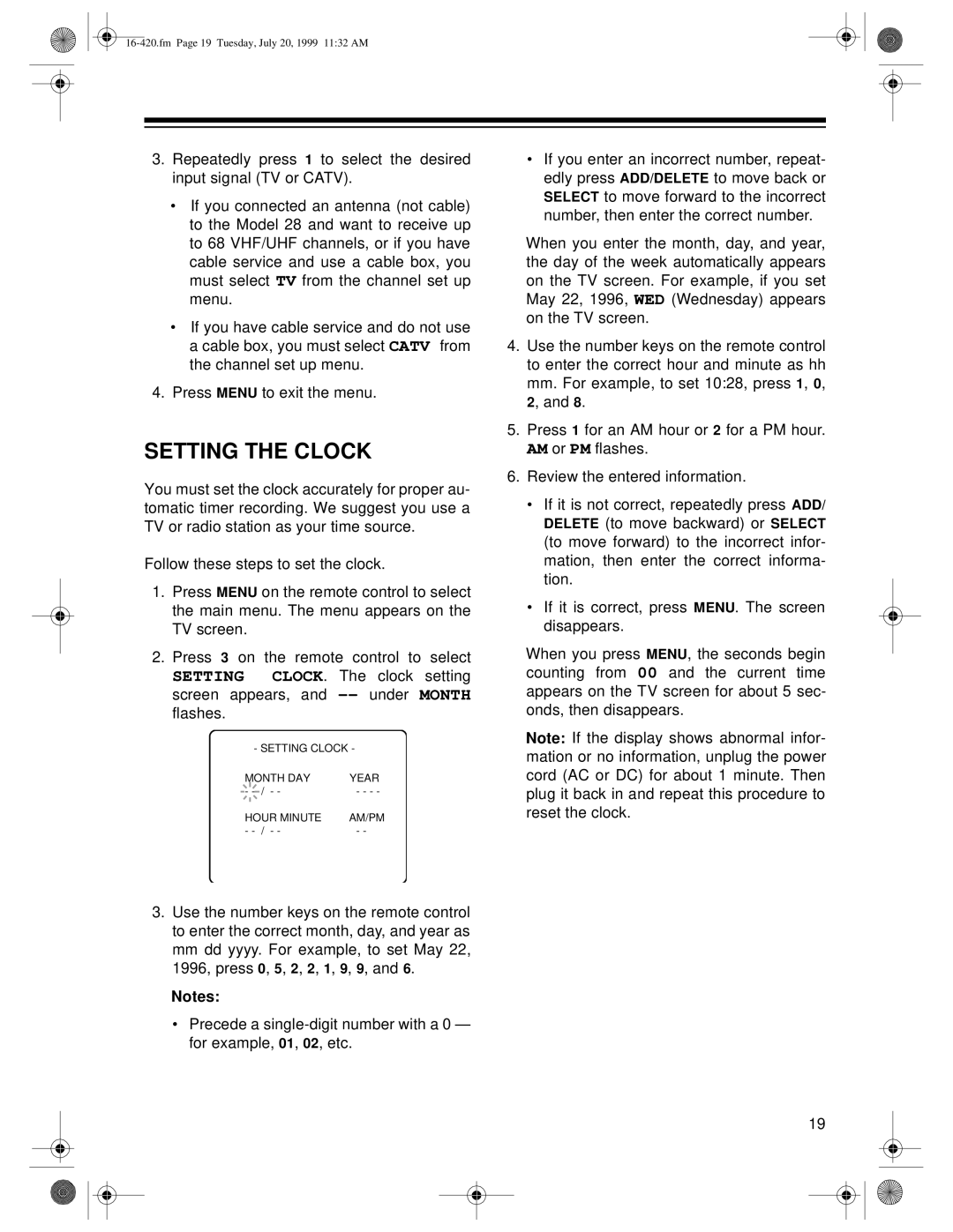 Radio Shack 28 owner manual Setting the Clock 