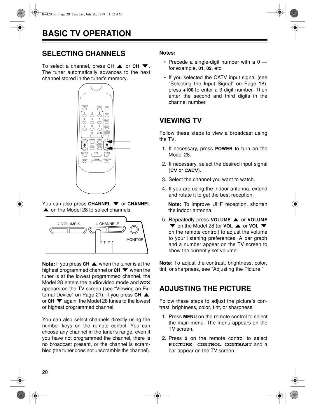 Radio Shack 28 owner manual Basic TV Operation, Selecting Channels, Viewing TV, Adjusting the Picture 