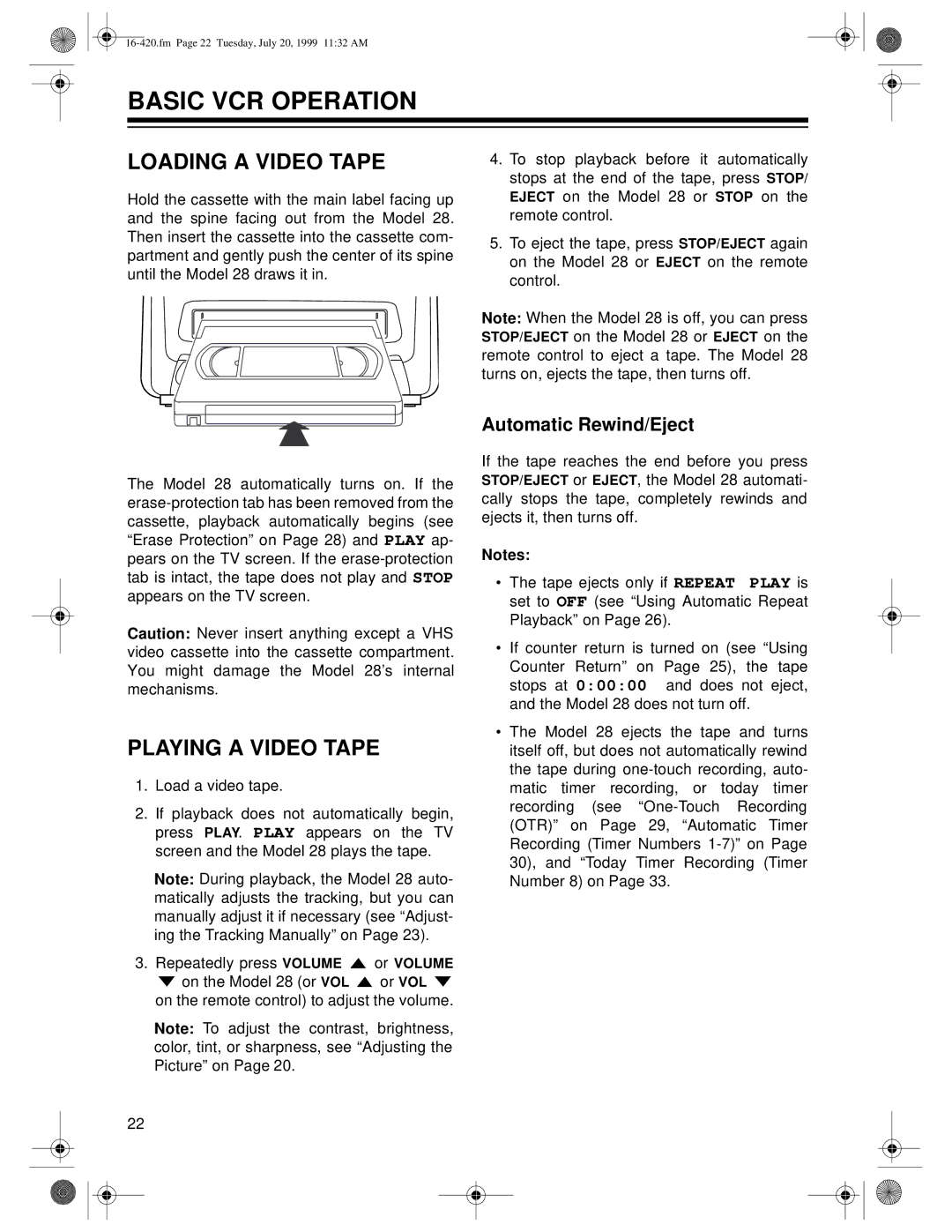 Radio Shack 28 owner manual Basic VCR Operation, Loading a Video Tape, Playing a Video Tape, Automatic Rewind/Eject 