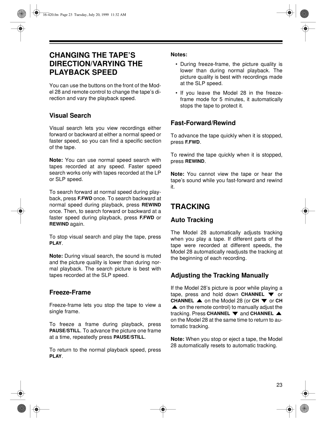 Radio Shack 28 owner manual Changing the TAPE’S DIRECTION/VARYING the Playback Speed, Tracking 