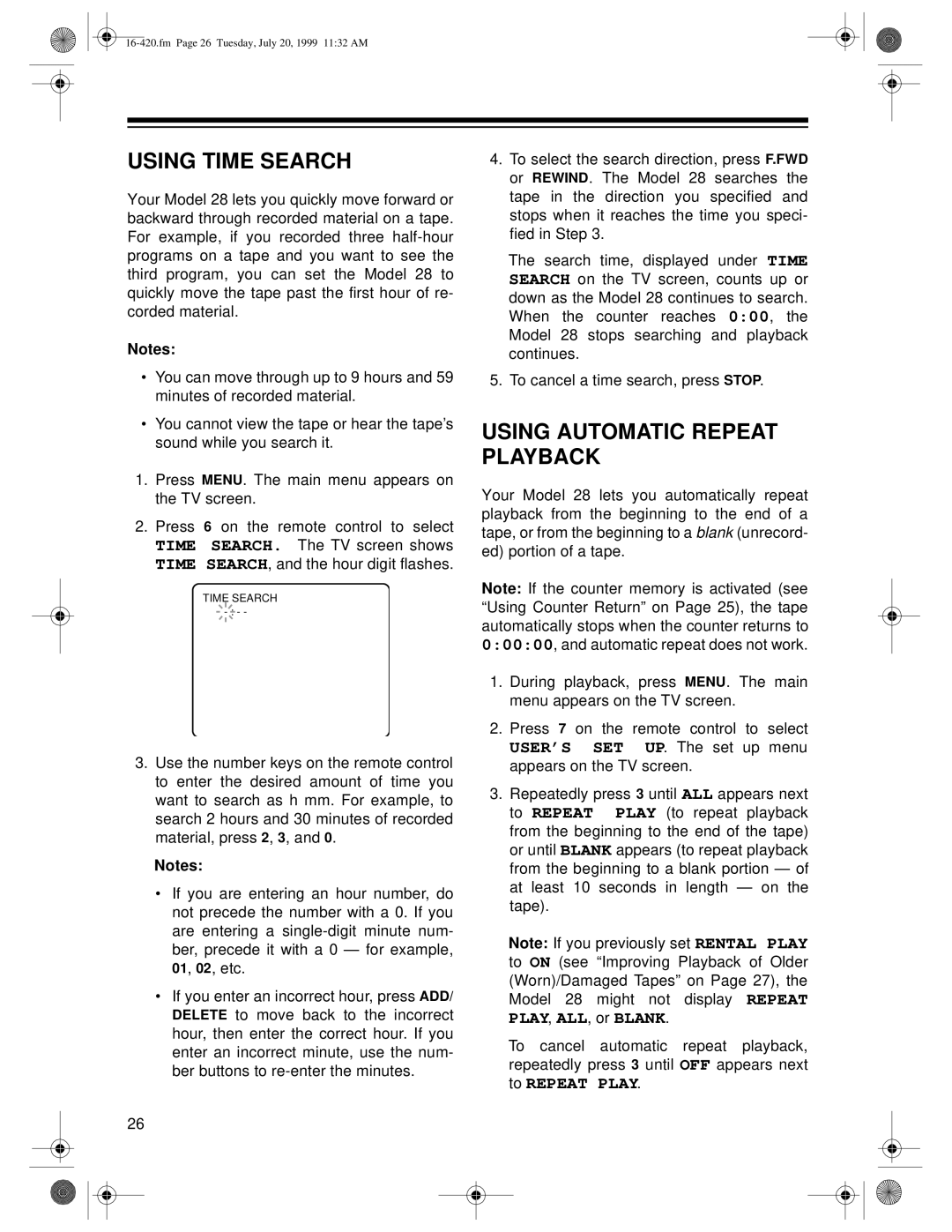 Radio Shack 28 owner manual Using Time Search, Using Automatic Repeat Playback 