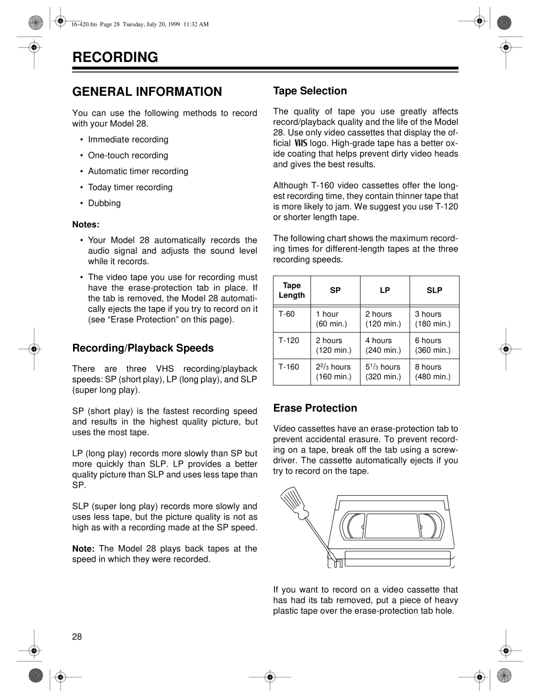 Radio Shack 28 owner manual General Information, Recording/Playback Speeds, Tape Selection, Erase Protection 