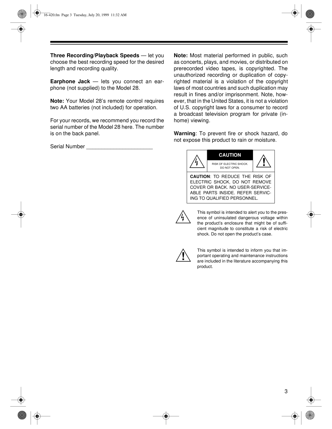 Radio Shack 28 owner manual Fm Page 3 Tuesday, July 20, 1999 1132 AM 