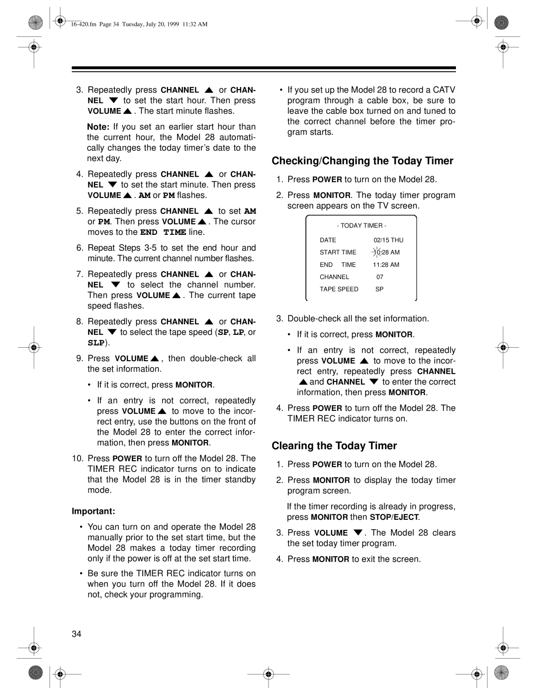 Radio Shack 28 owner manual Checking/Changing the Today Timer, Clearing the Today Timer 