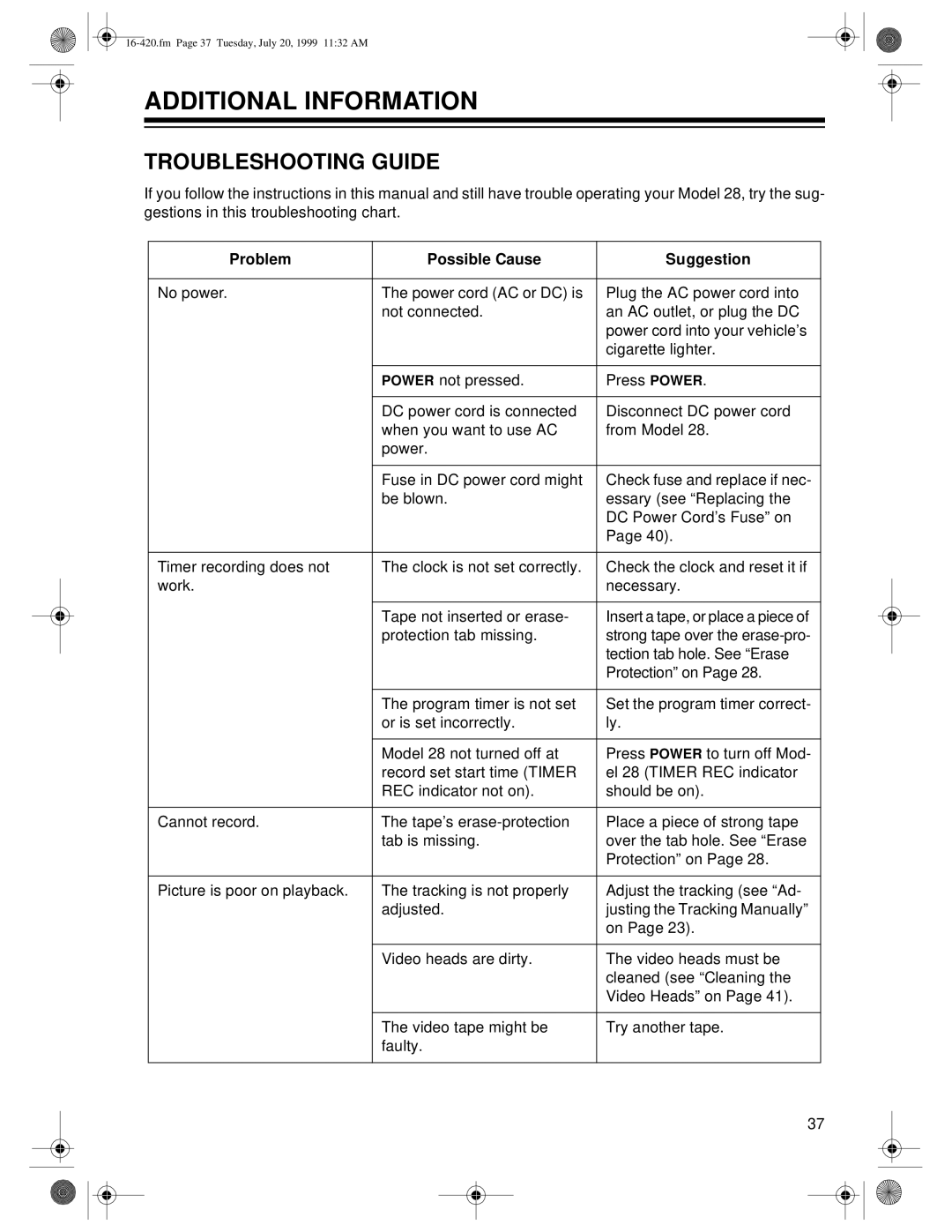 Radio Shack 28 owner manual Additional Information, Troubleshooting Guide 