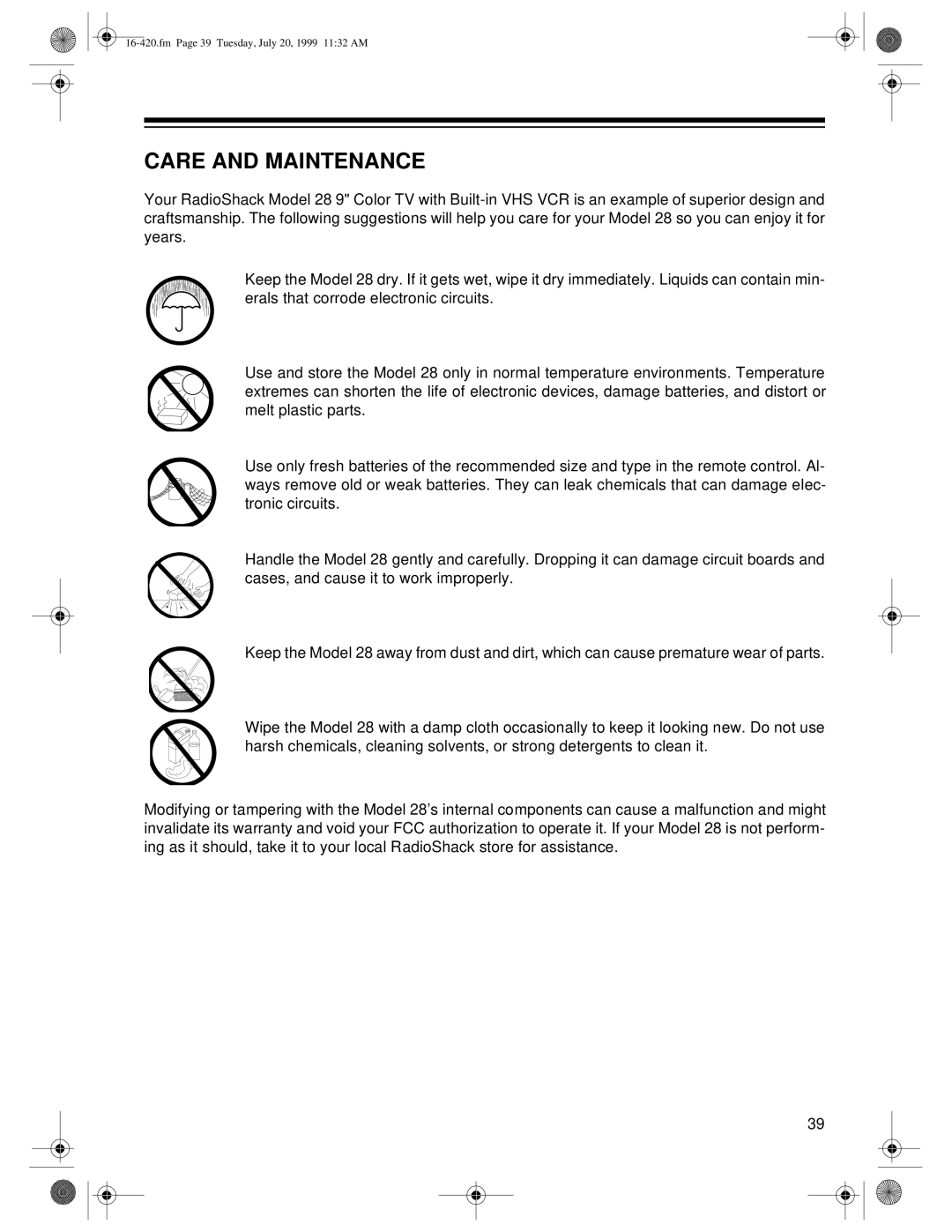 Radio Shack 28 owner manual Care and Maintenance 