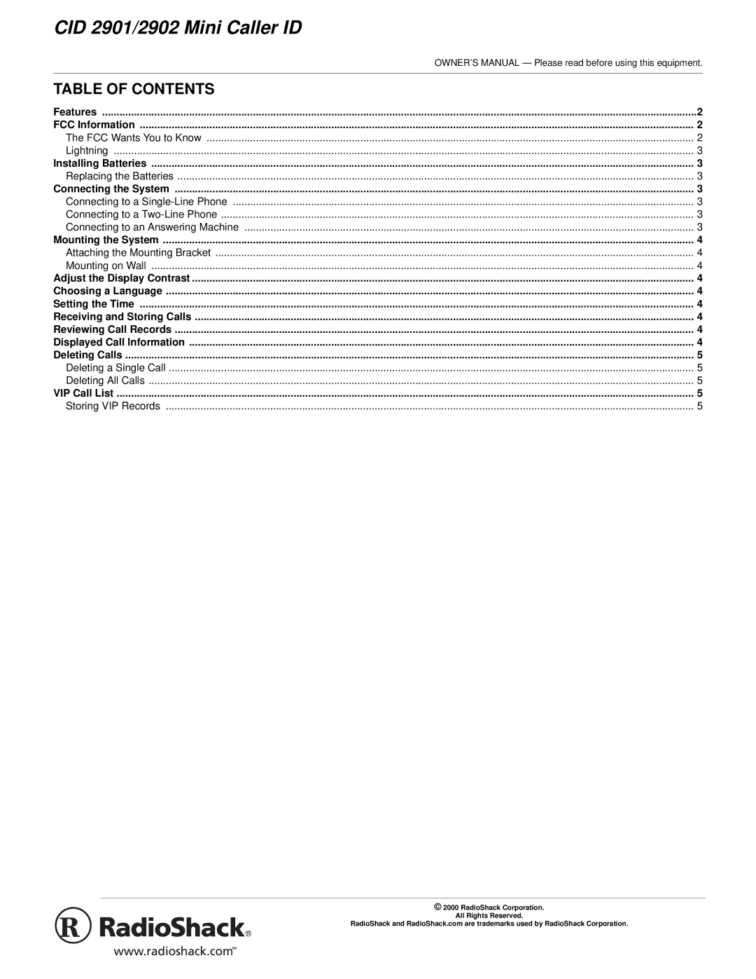 Radio Shack owner manual CID 2901/2902 Mini Caller ID, Table of Contents 