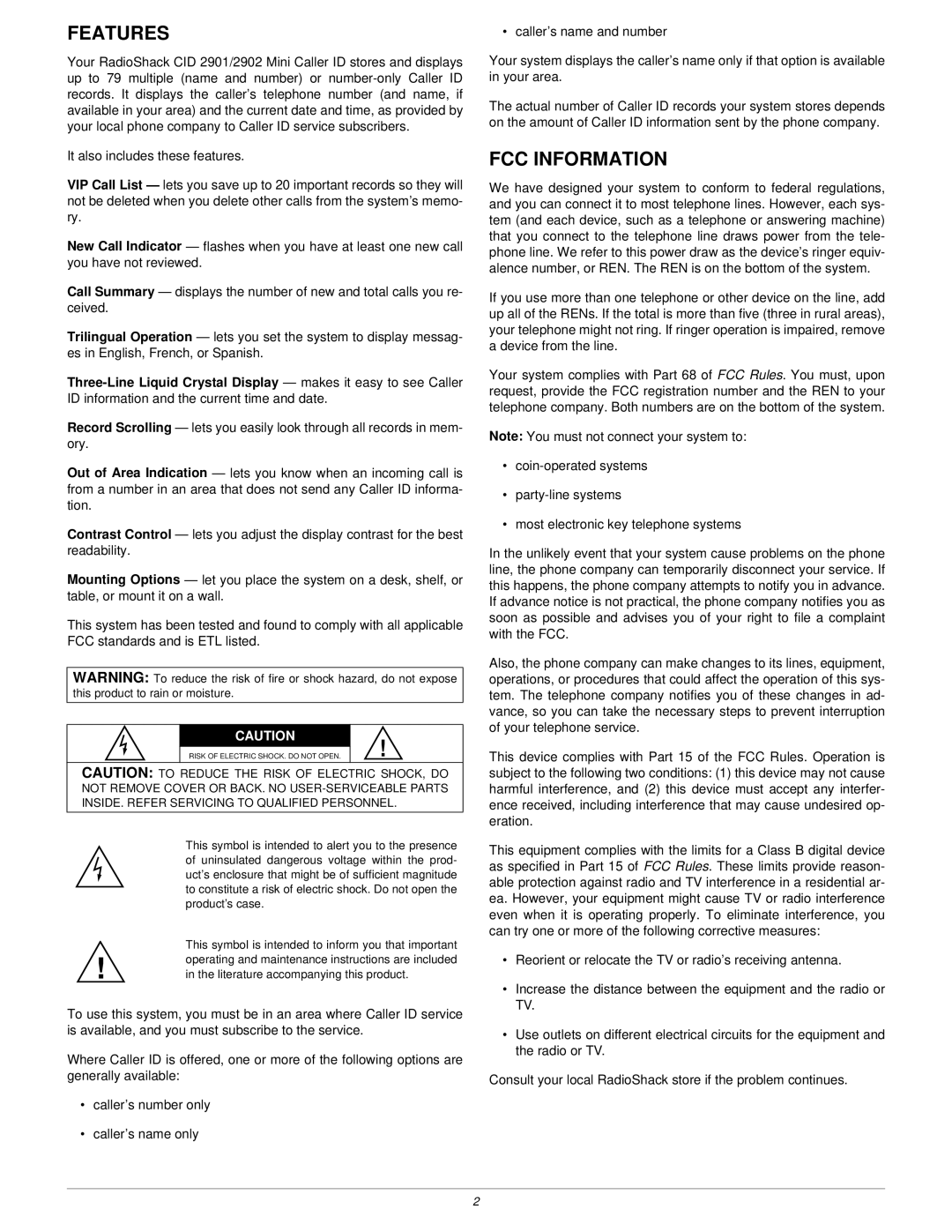 Radio Shack 2901, 2902 owner manual Features, FCC Information 