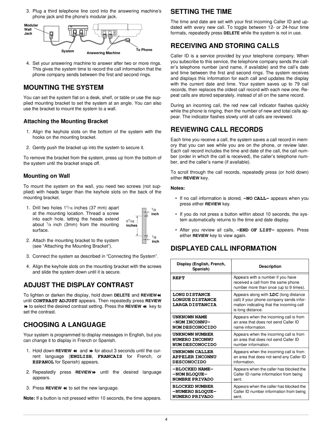 Radio Shack 2901, 2902 Mounting the System, Setting the Time, Receiving and Storing Calls, Reviewing Call Records 