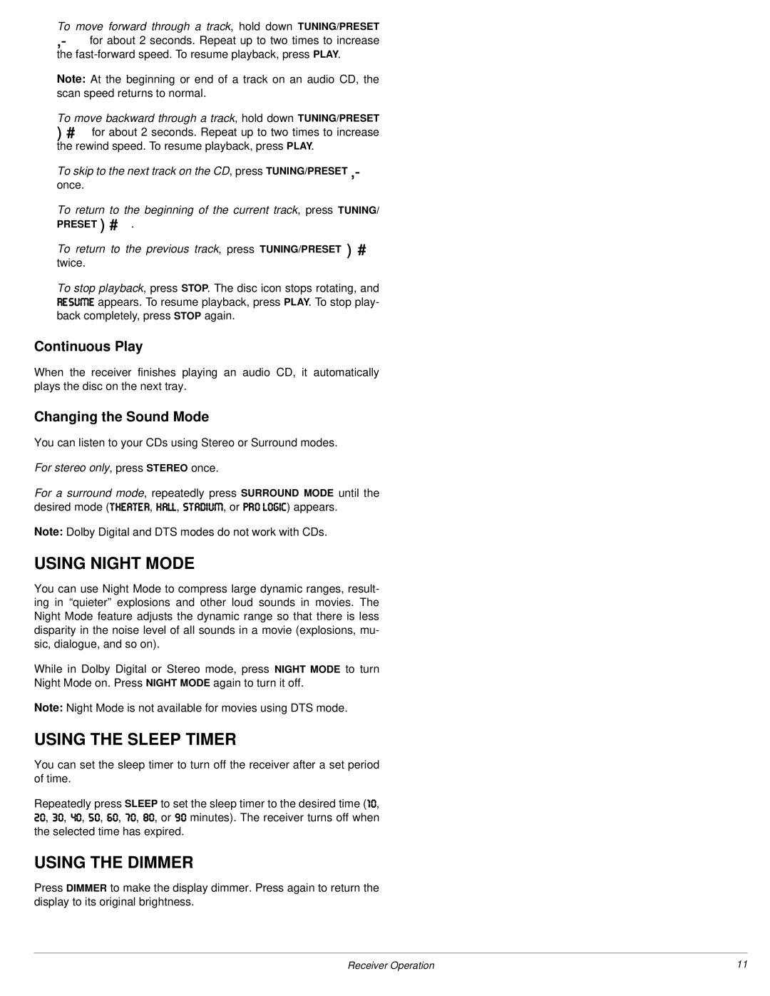 Radio Shack 3-DVD Changer owner manual Using Night Mode, Using the Sleep Timer, Using the Dimmer, Continuous Play 