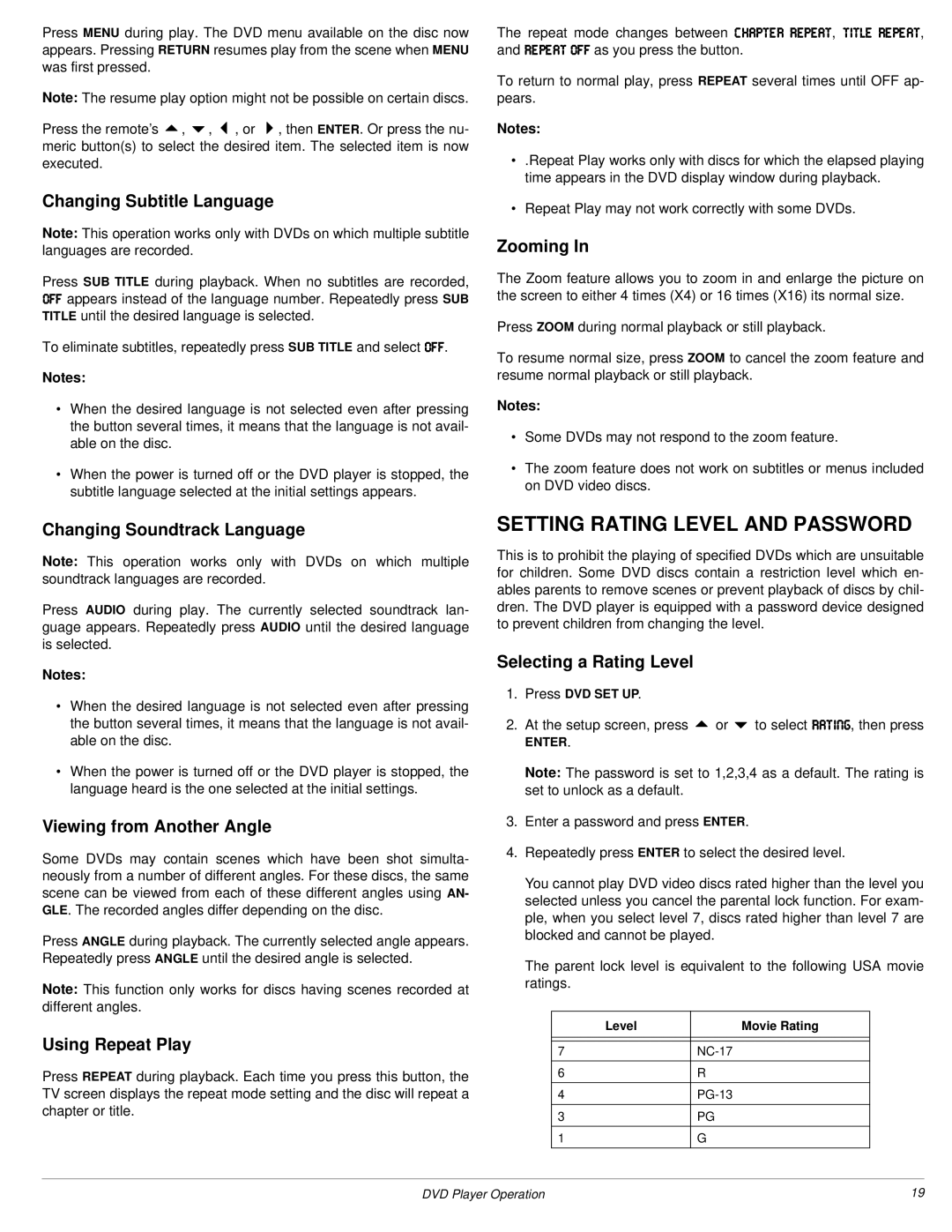 Radio Shack 3-DVD Changer owner manual Setting Rating Level and Password 