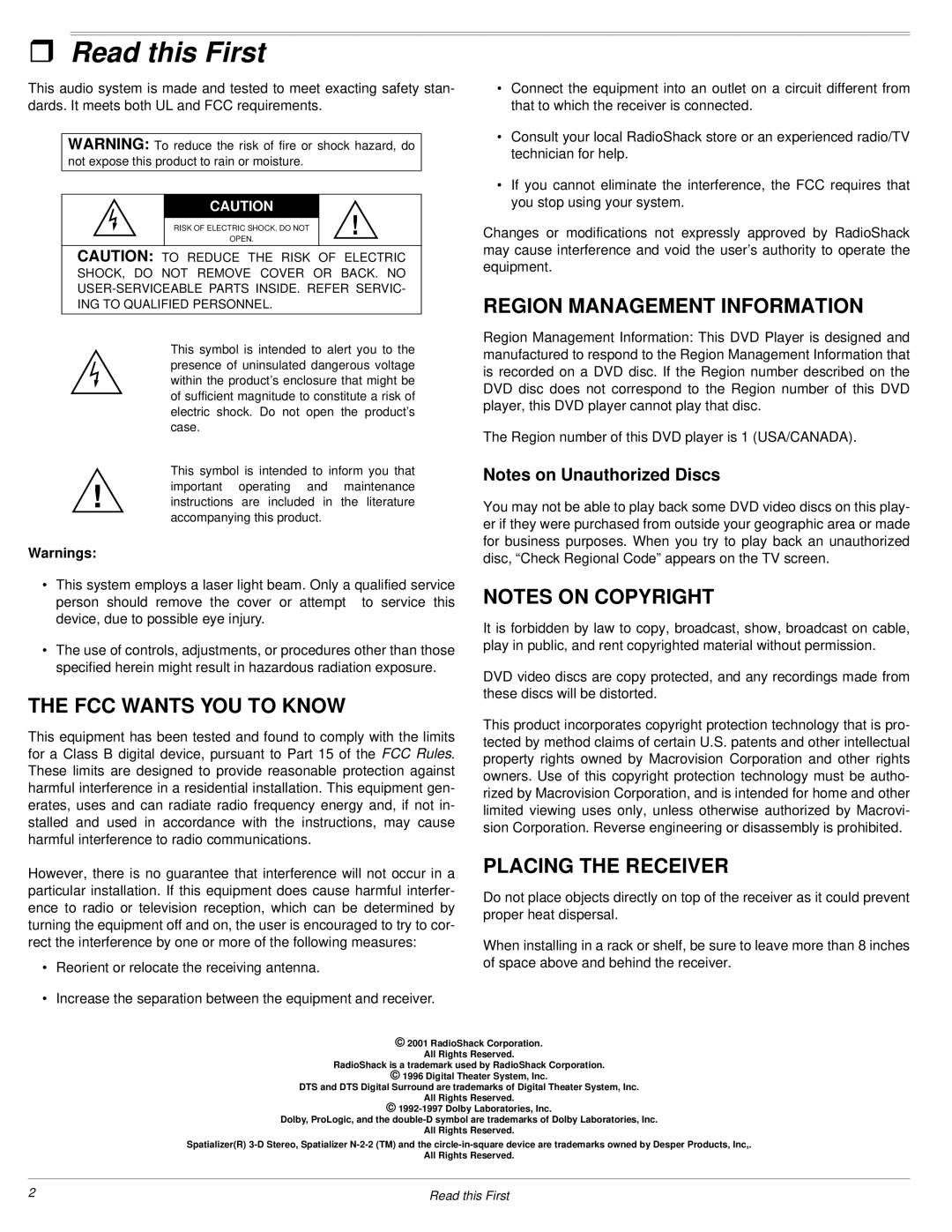 Radio Shack 3-DVD Changer Read this First, Region Management Information, FCC Wants YOU to Know, Placing the Receiver 