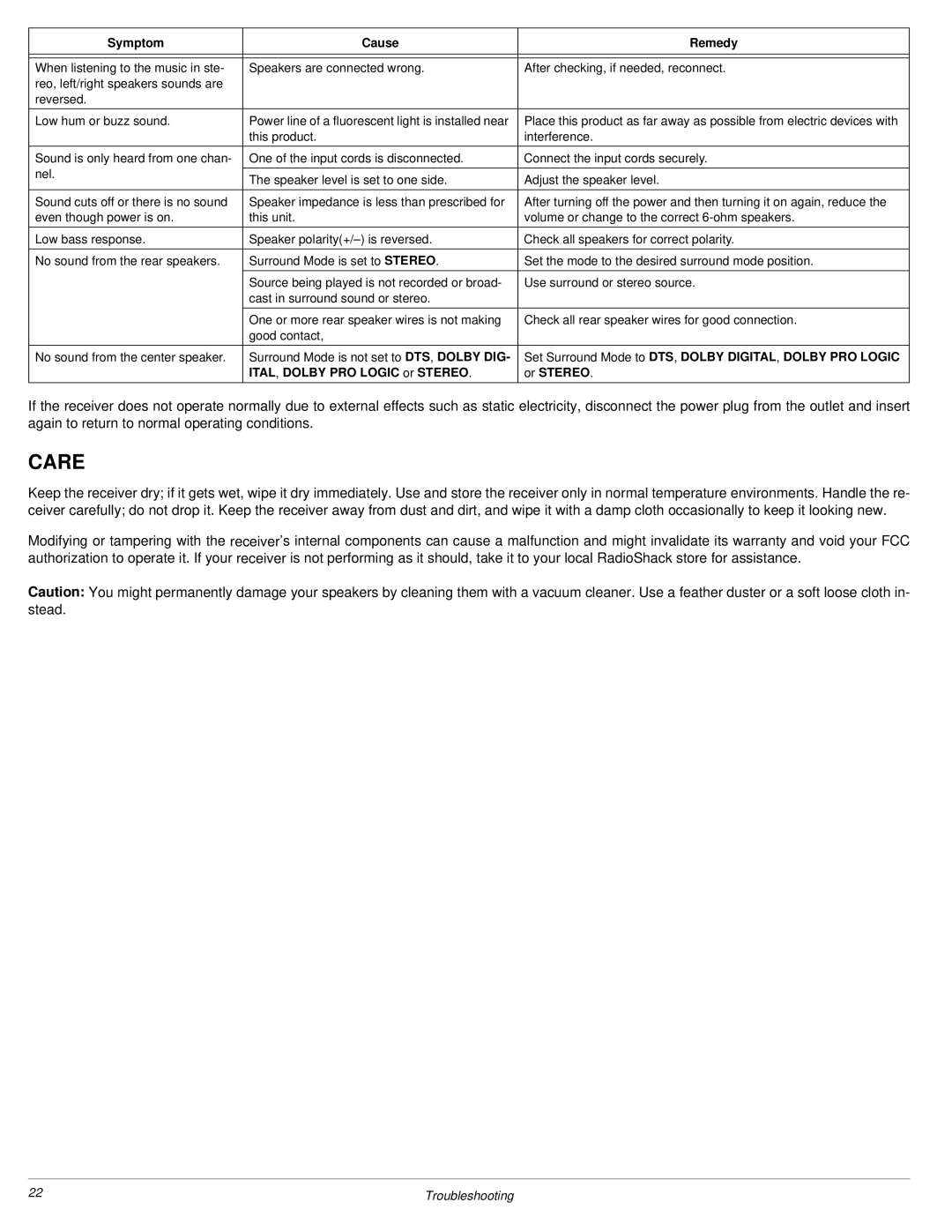 Radio Shack 3-DVD Changer owner manual Care 