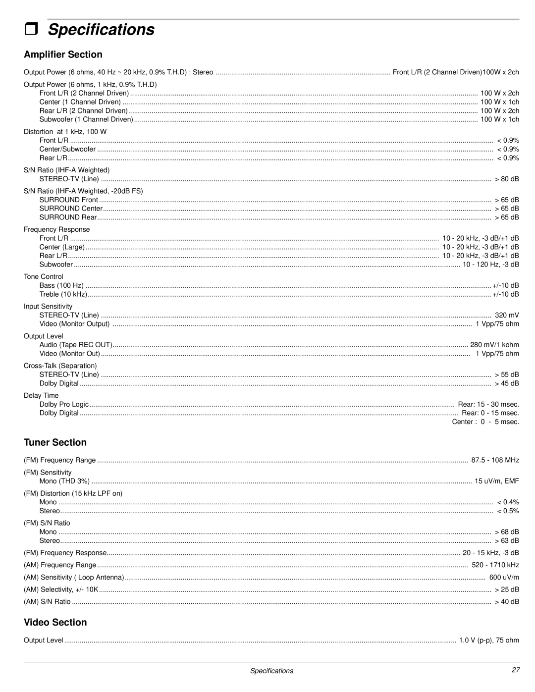 Radio Shack 3-DVD Changer owner manual Specifications, Amplifier Section, Tuner Section, Video Section 