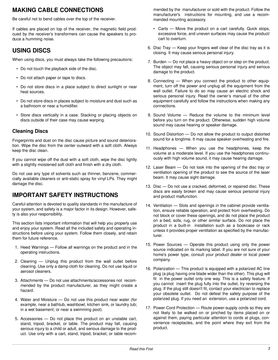 Radio Shack 3-DVD Changer owner manual Making Cable Connections, Using Discs, Important Safety Instructions, Cleaning Discs 