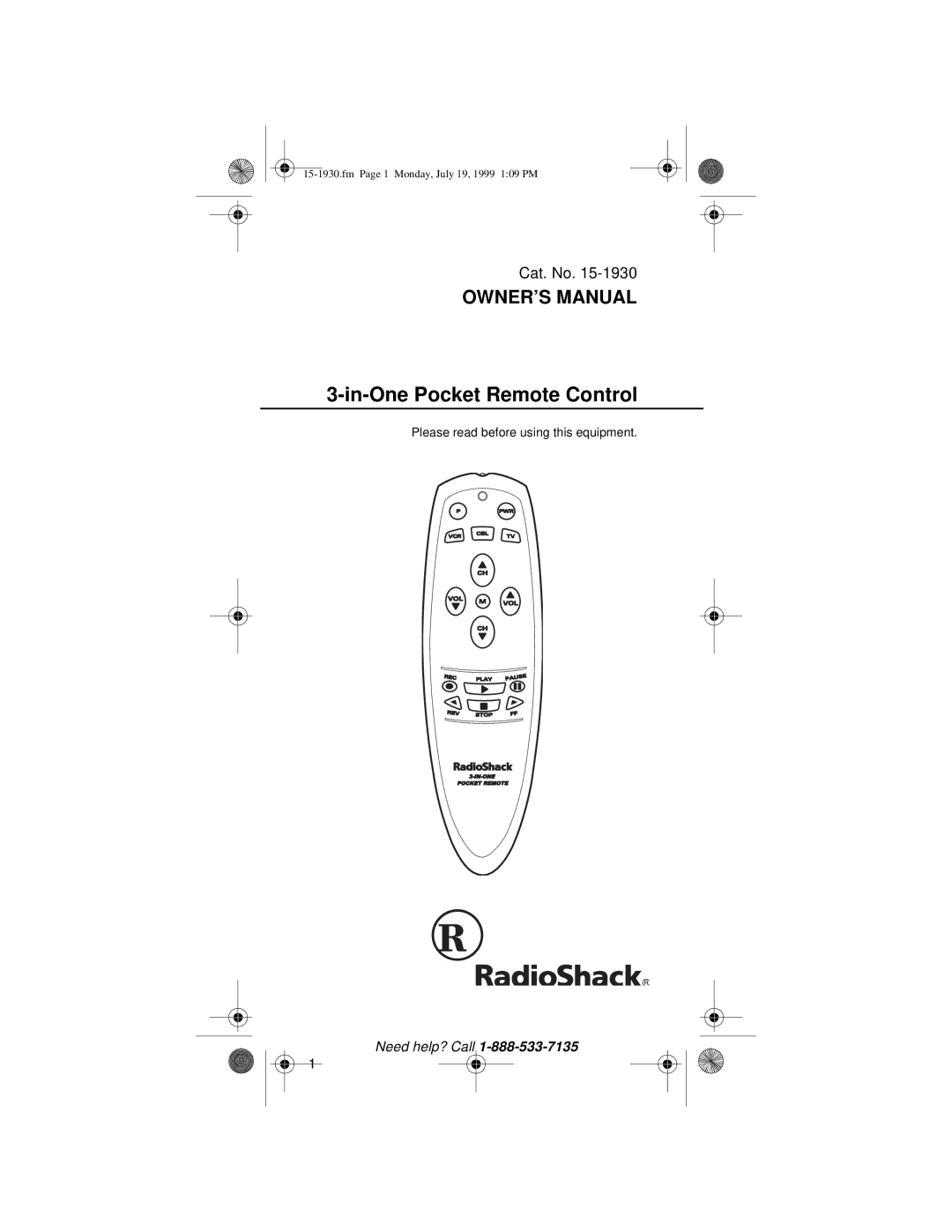 Radio Shack 3-in-One Pocket Remote owner manual In-One Pocket Remote Control 