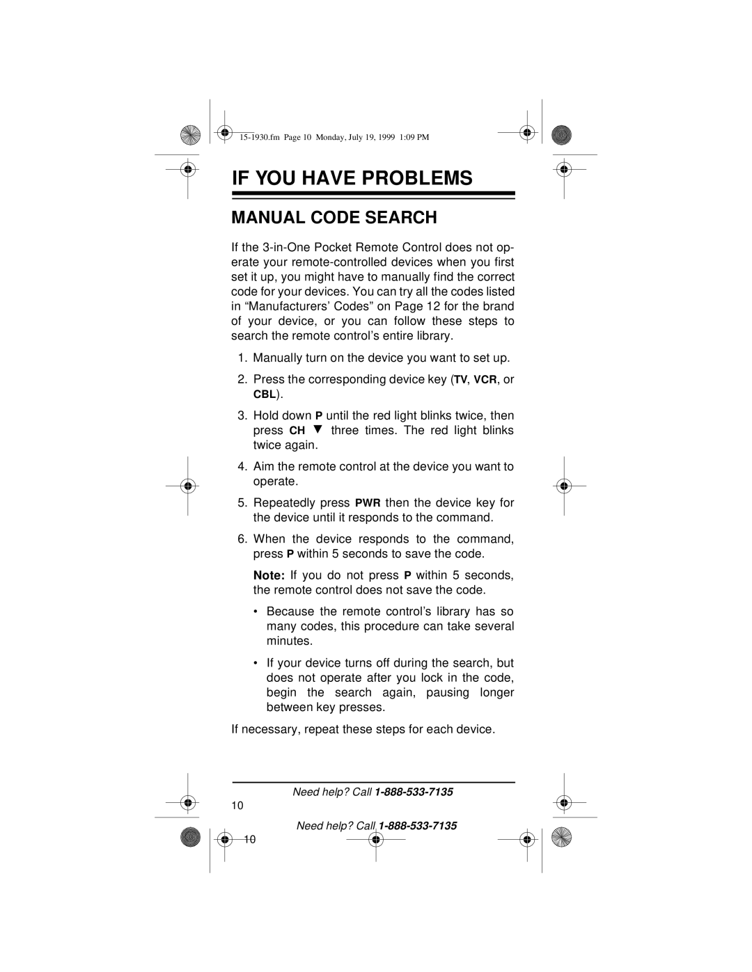 Radio Shack 3-in-One Pocket Remote owner manual If YOU have Problems, Manual Code Search 