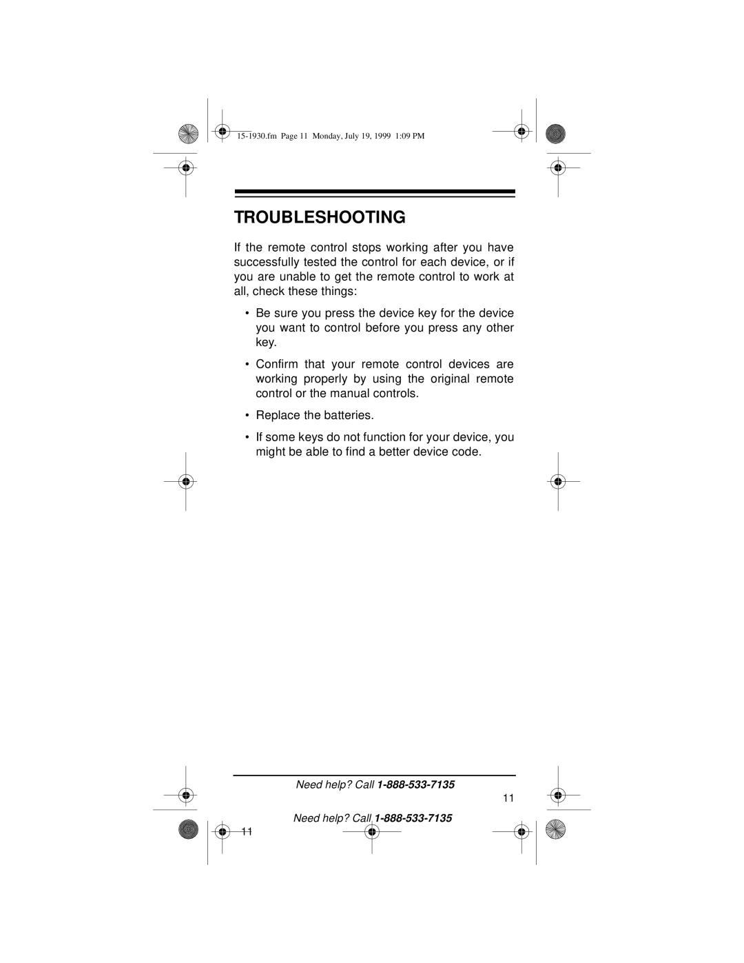 Radio Shack 3-in-One Pocket Remote owner manual Troubleshooting 