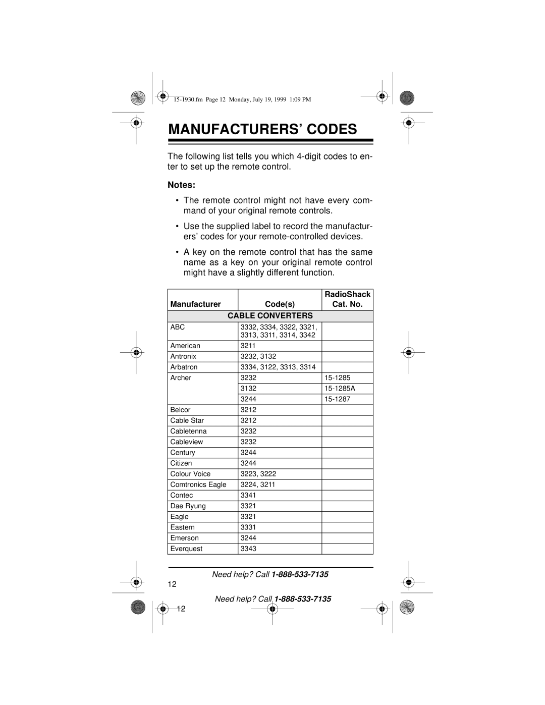 Radio Shack 3-in-One Pocket Remote owner manual MANUFACTURERS’ Codes, RadioShack, Manufacturer Codes Cat. No, Abc 