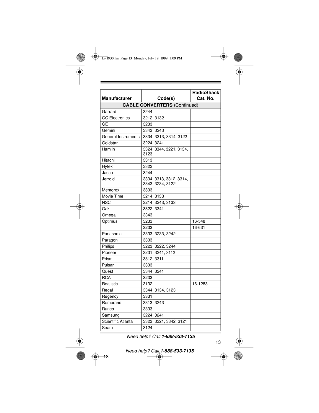 Radio Shack 3-in-One Pocket Remote owner manual Manufacturer Codes Cat. No Cable Converters, Nsc, Rca 