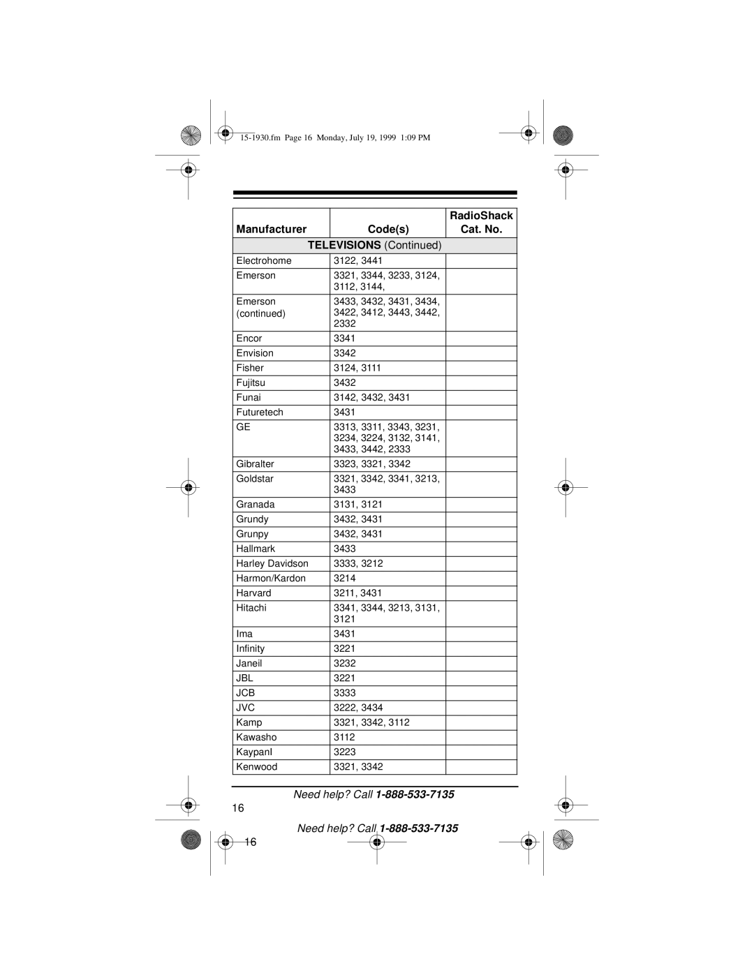 Radio Shack 3-in-One Pocket Remote owner manual Manufacturer Codes Cat. No Televisions, Jbl, Jcb, Jvc 