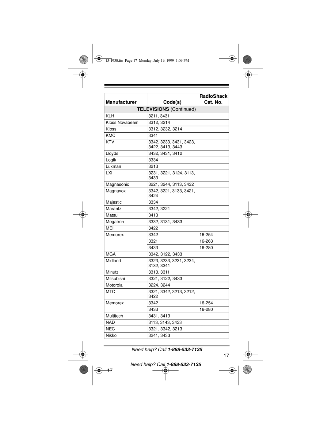 Radio Shack 3-in-One Pocket Remote owner manual Klh, Kmc, Ktv, Lxi, Mei, Mga, Mtc, Nad, Nec 