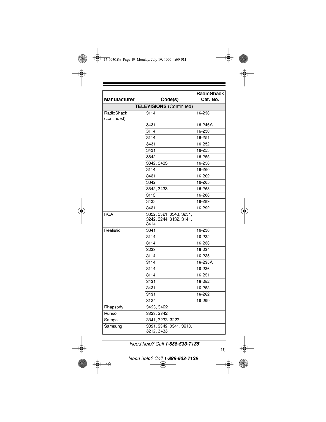 Radio Shack 3-in-One Pocket Remote owner manual Fm Page 19 Monday, July 19, 1999 109 PM 