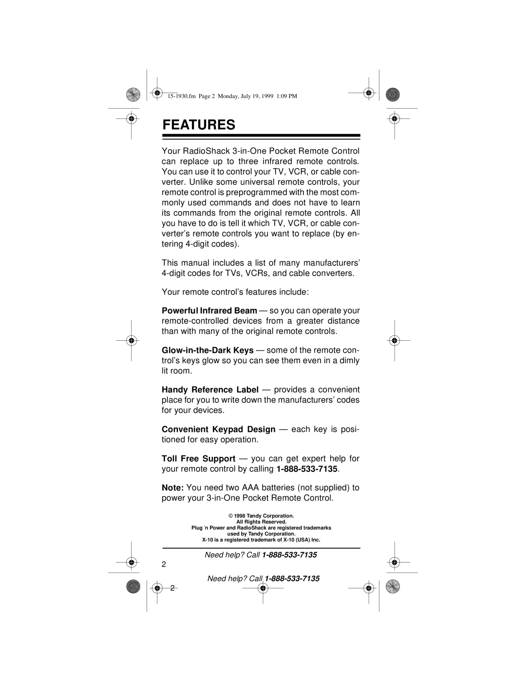 Radio Shack 3-in-One Pocket Remote owner manual Features 