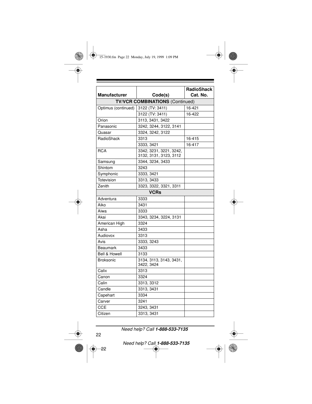 Radio Shack 3-in-One Pocket Remote owner manual Manufacturer Codes Cat. No TV/VCR Combinations, VCRs 