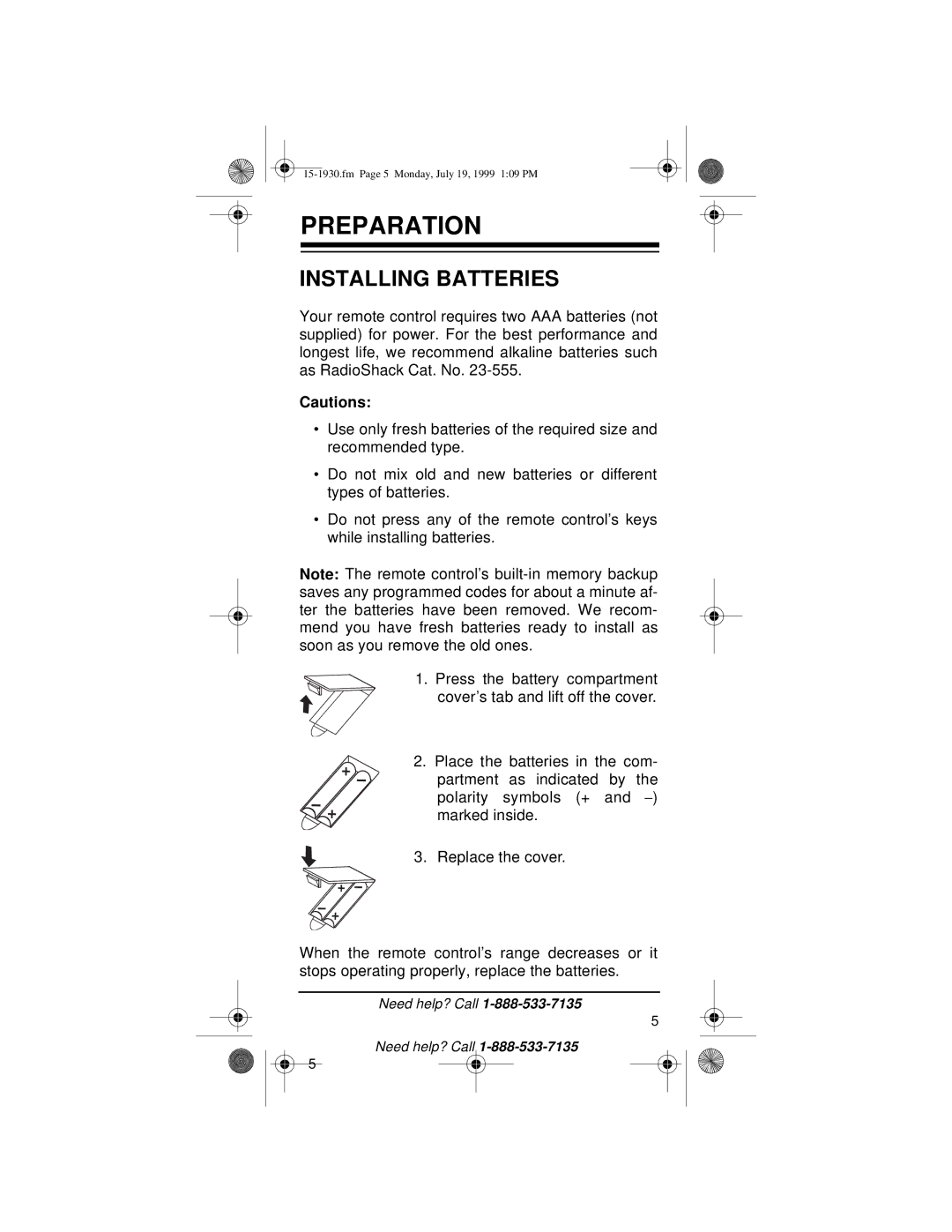 Radio Shack 3-in-One Pocket Remote owner manual Preparation, Installing Batteries 