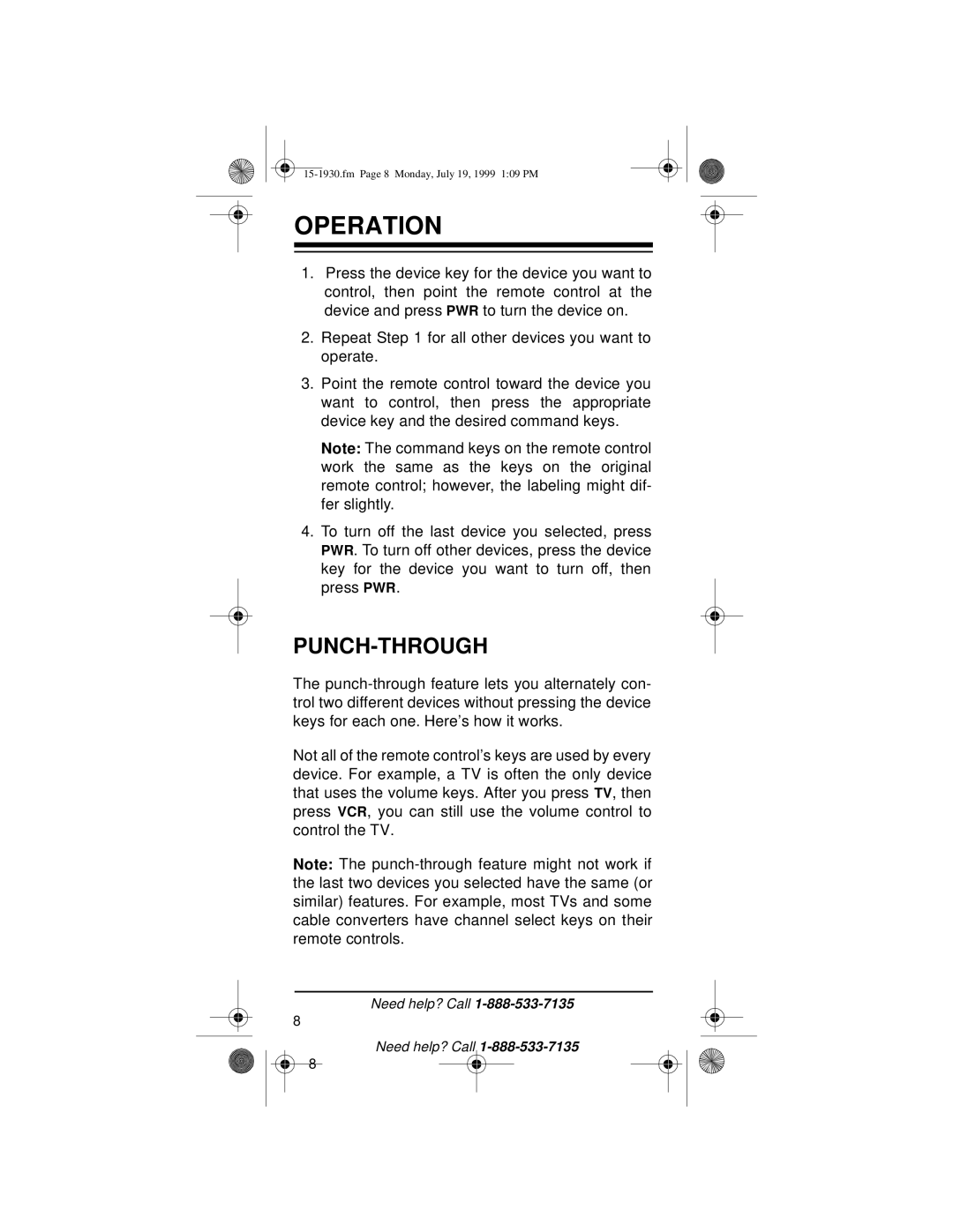 Radio Shack 3-in-One Pocket Remote owner manual Operation, Punch-Through 