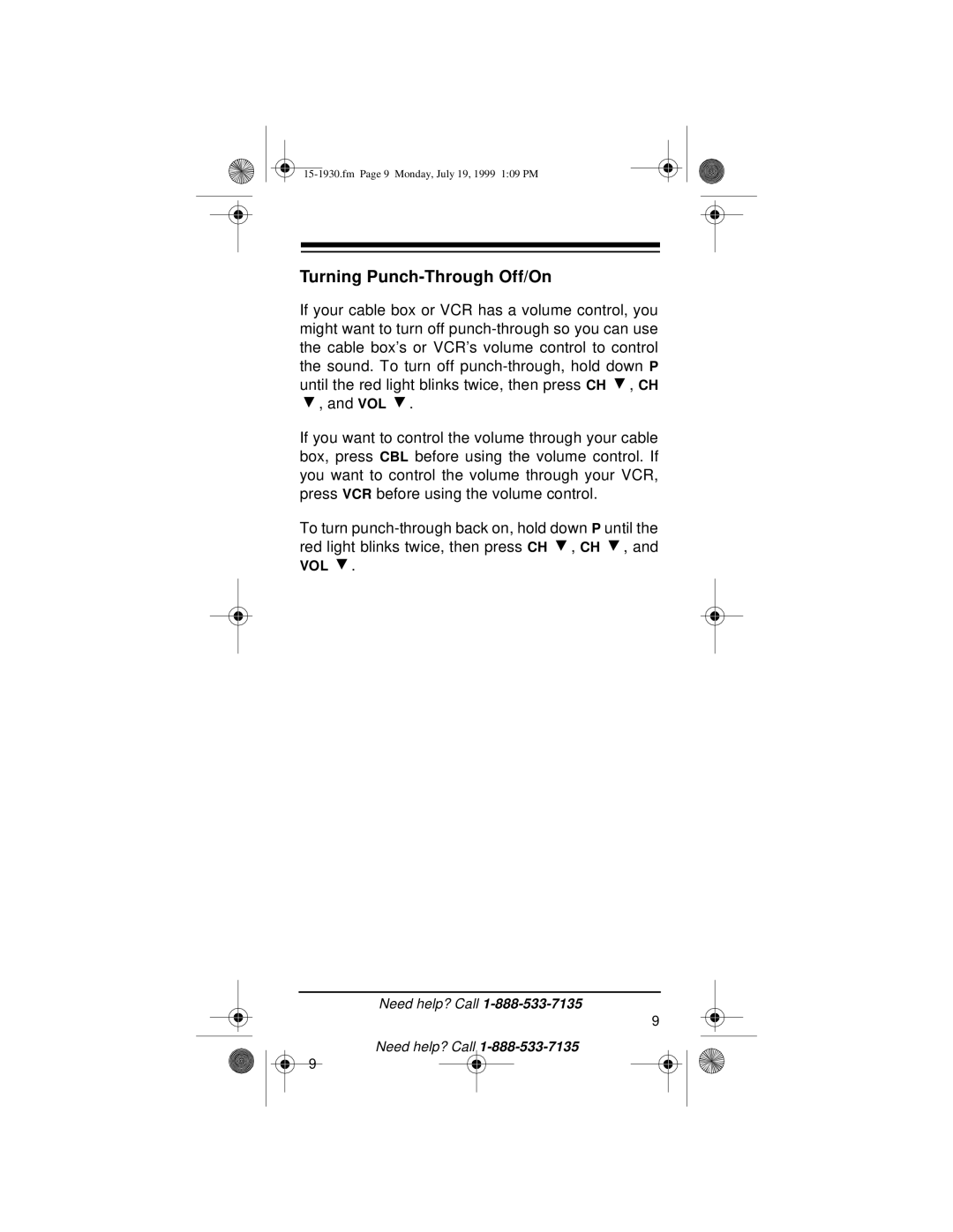 Radio Shack 3-in-One Pocket Remote owner manual Turning Punch-Through Off/On 