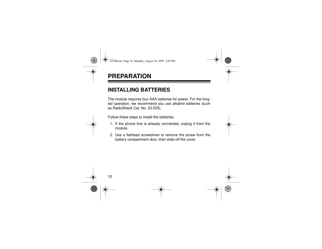 Radio Shack 310 owner manual Preparation, Installing Batteries 