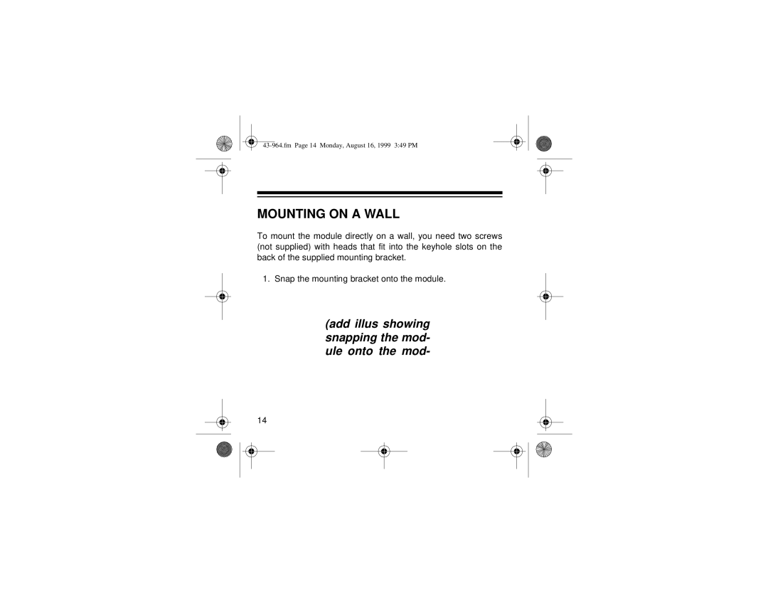 Radio Shack 310 owner manual Mounting on a Wall, Add illus showing snapping the mod- ule onto the mod 