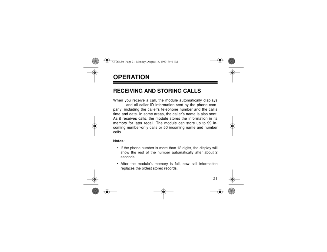 Radio Shack 310 owner manual Operation, Receiving and Storing Calls 