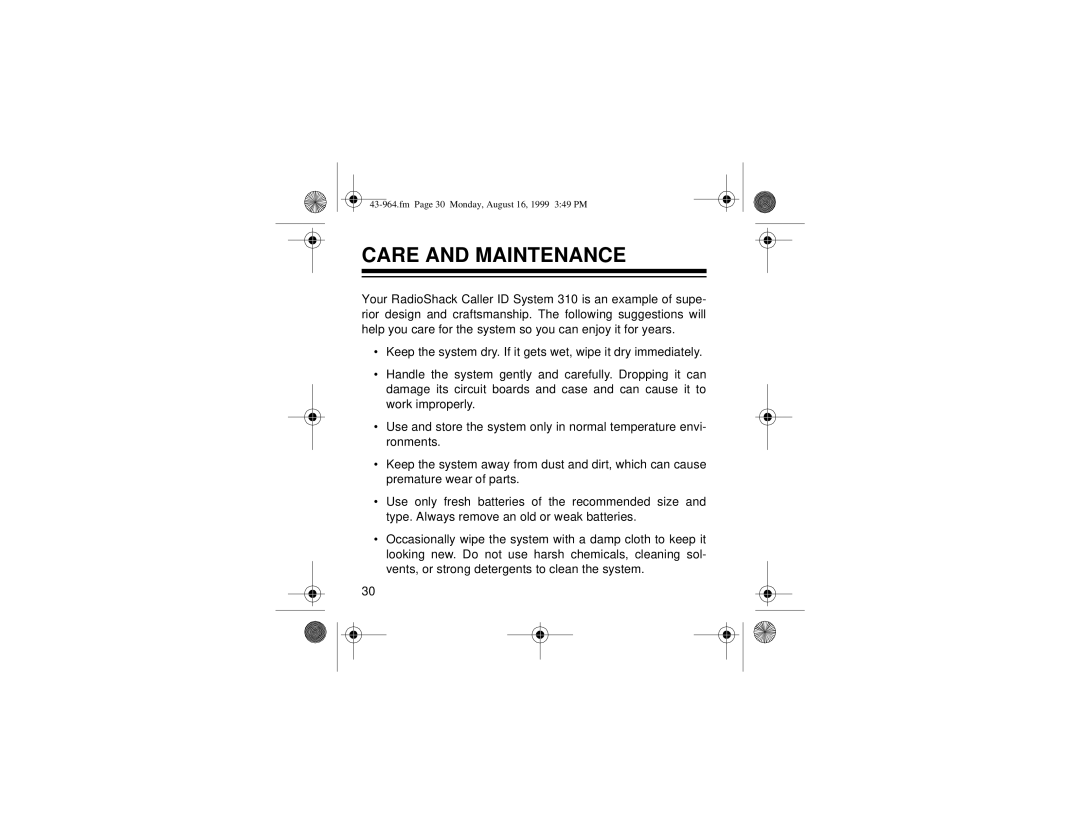 Radio Shack 310 owner manual Care and Maintenance 