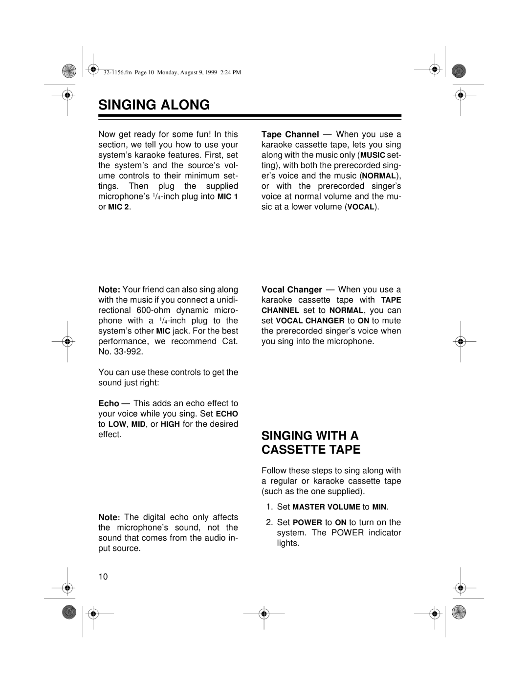 Radio Shack 32-1156 owner manual Singing Along, Singing with a Cassette Tape 