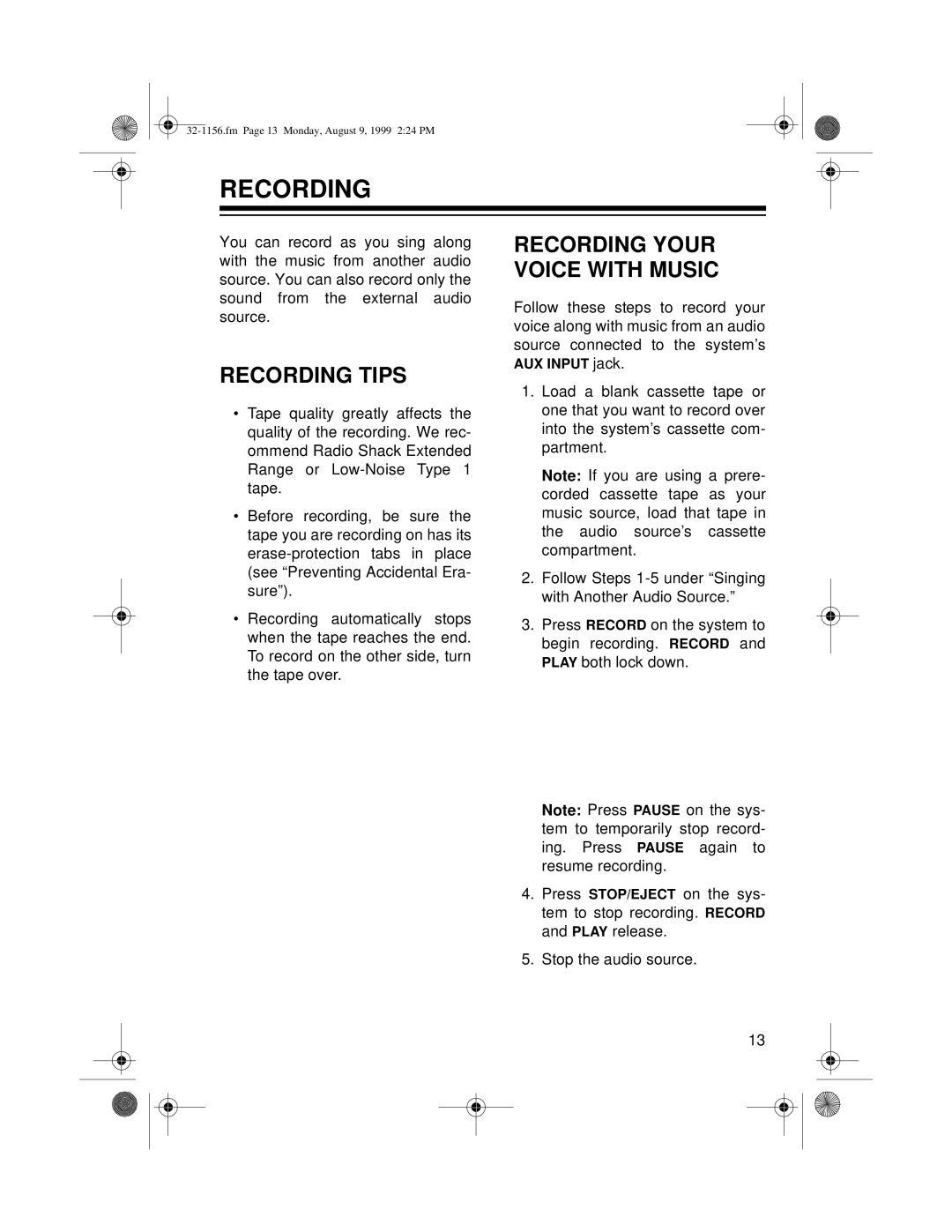 Radio Shack 32-1156 owner manual Recording Tips, Recording Your Voice with Music 