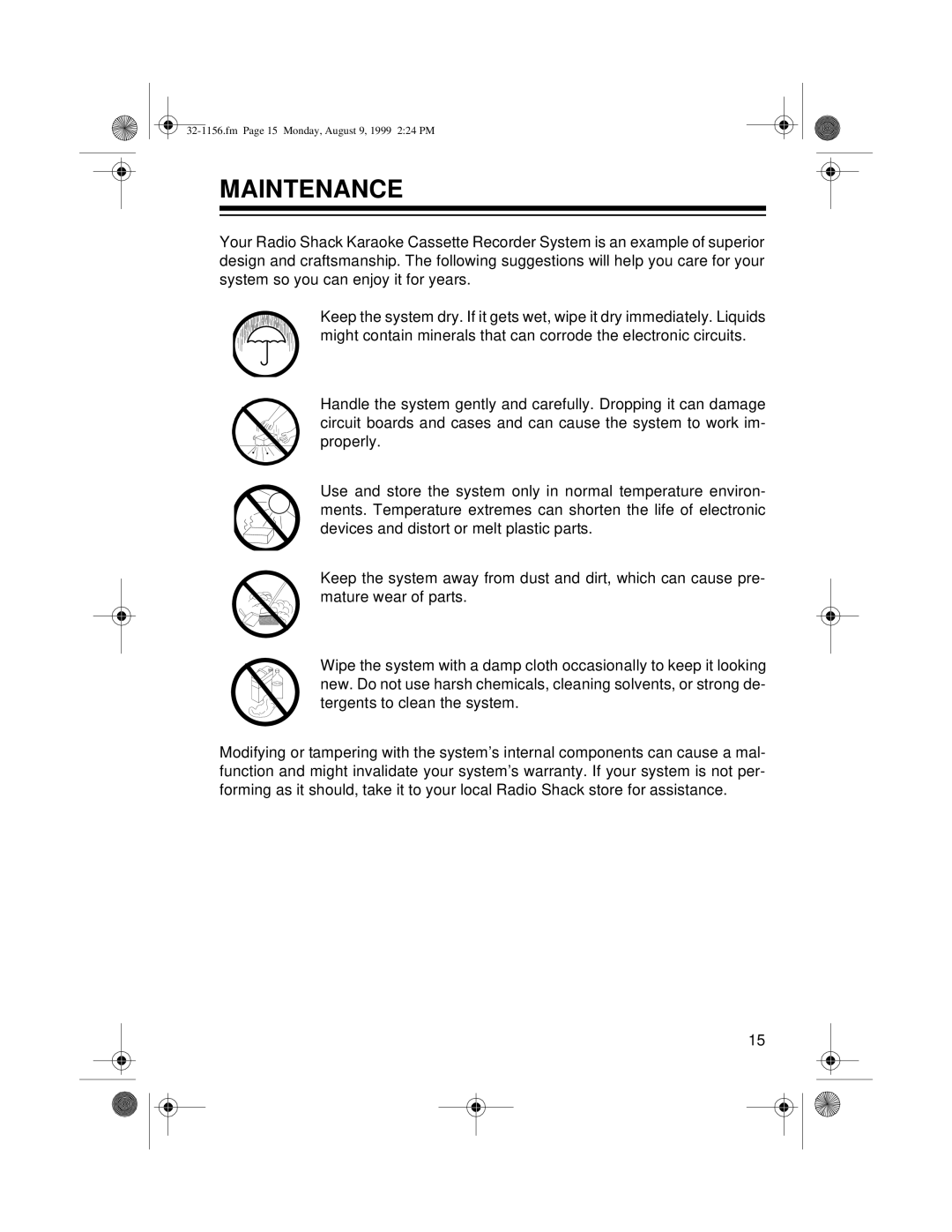 Radio Shack 32-1156 owner manual Maintenance 