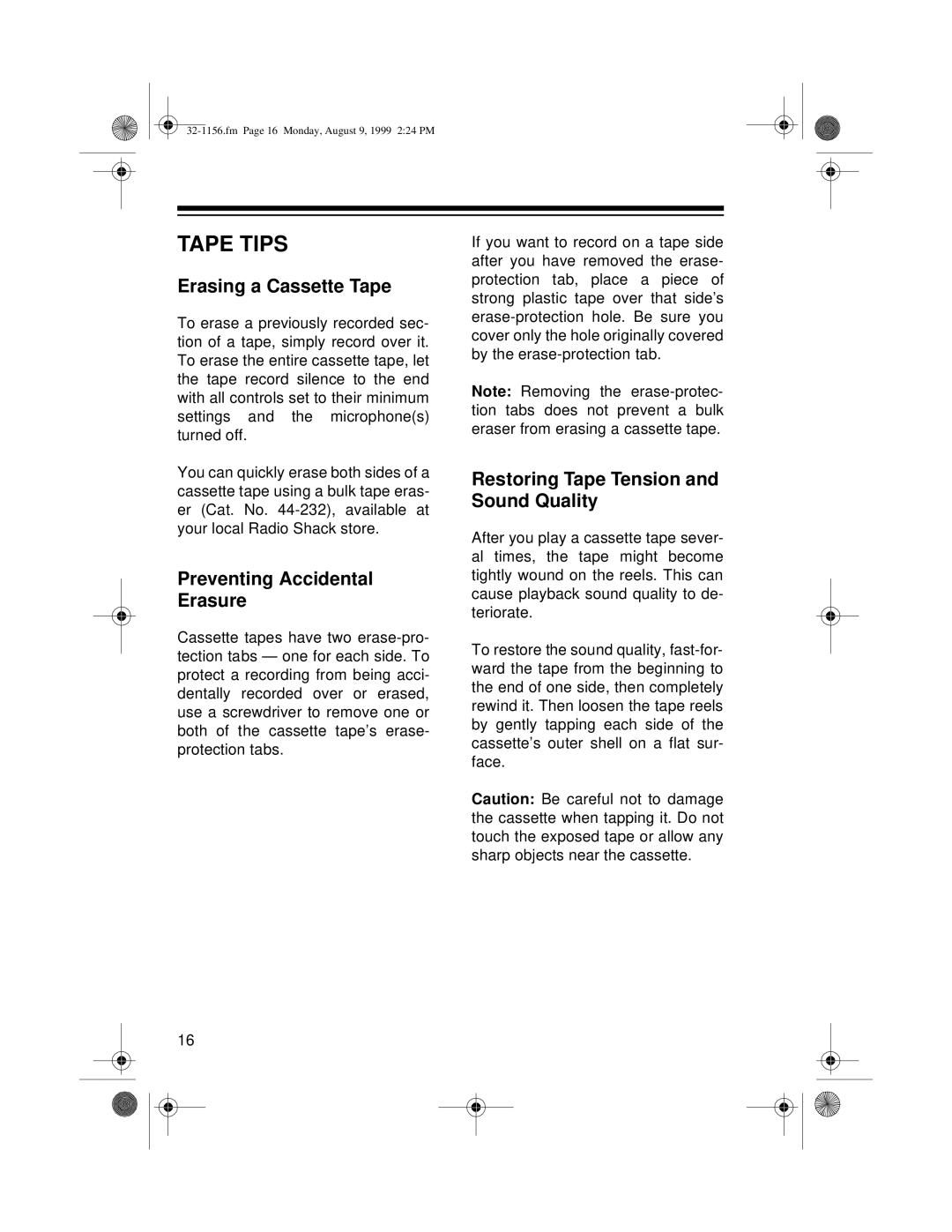 Radio Shack 32-1156 owner manual Tape Tips, Erasing a Cassette Tape, Preventing Accidental Erasure 