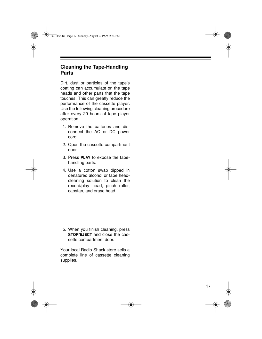 Radio Shack 32-1156 owner manual Cleaning the Tape-Handling Parts 