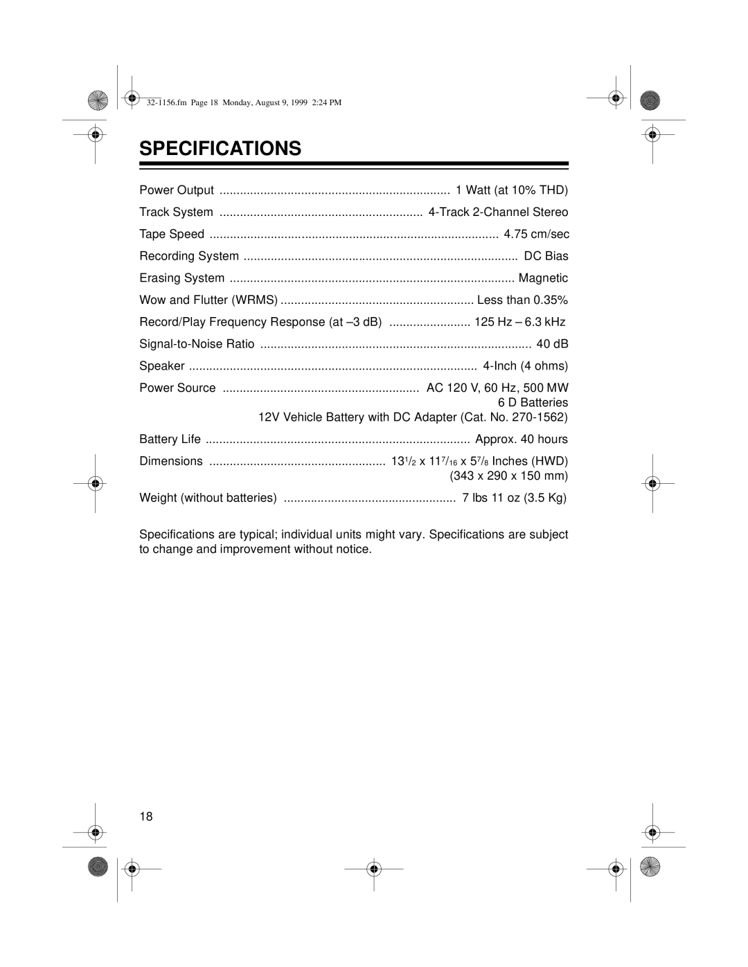 Radio Shack 32-1156 owner manual Specifications 